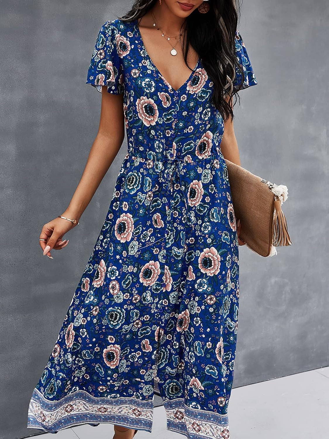 Short Sleeve V-Neck Floral Printed Casual Maxi Dress